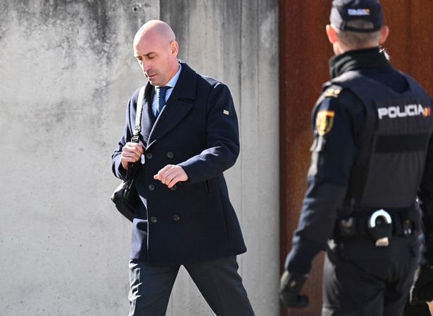 Former president of the Spanish football federation Luis Rubiales, accused of sex assault and coercion over forcible kiss on lips of Spain's player Jenni Hermoso, leaves the court of San Fernando de Henares, east of Madrid, on February 3, 2025 on the first day of his trial. Spain's ex-football federation chief Luis Rubiales on February 3, 2025 goes on trial in Madrid over his forcible kiss on the lips of player Jenni Hermoso. The 47-year-old provoked worldwide outrage after he cupped Hermoso's head and gave her an unsolicited kiss during the medal ceremony after Spain won the 2023 Women's World Cup in Australia. (Photo by JAVIER SORIANO / AFP) (Photo by JAVIER SORIANO/AFP via Getty Images)          