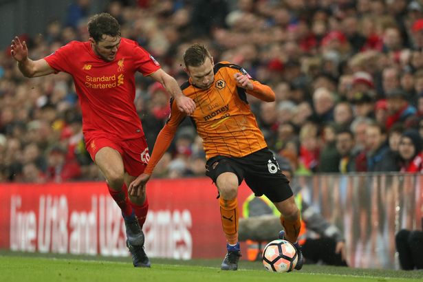 Connor Randall of Liverpool and Andreas Weimann of Wolverhampton Wanderers during The Emirates FA Cup Fourth Round between Liverpool and Wolverhampton Wanderers at Anfield on January 28, 2017 in Liverpool, England