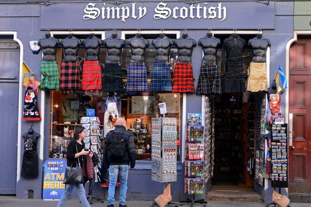 Kilts hang outside a souvenir shop on the Royal Mile, on February 26, 2019 in Edinburgh, Scotland.