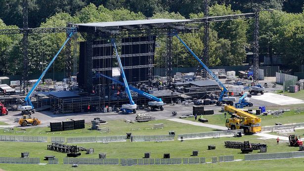 An aerial view of the infrastructure and stage being constructed to host the Oasis concert in Heaton Park