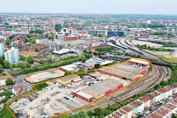 The land at Mead Street outlined in orange, which is being sold by estate agents Cushman & Wakefield. The Totterdown houses are in the bottom right overlooking the site, with Temple Meads station in the centre right and St Mary Redcliffe School on the opposite bank of the New Cut River Avon in the centre left of the image