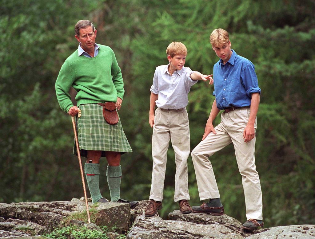 Prince Charles wears a green kilt as he enjoys day out with his sons Prince William And Prince Harry