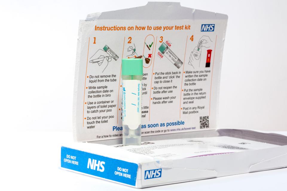 NHS bowel cancer screening test kit.