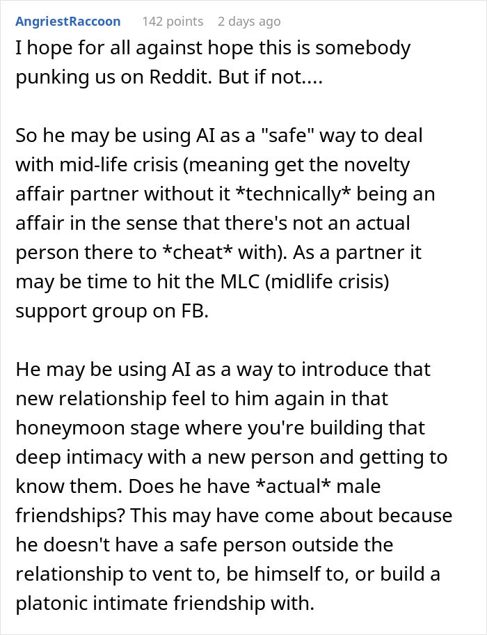 Reddit user discussing a husband falling in love with an AI and its impact on marriage and midlife crisis relationships.