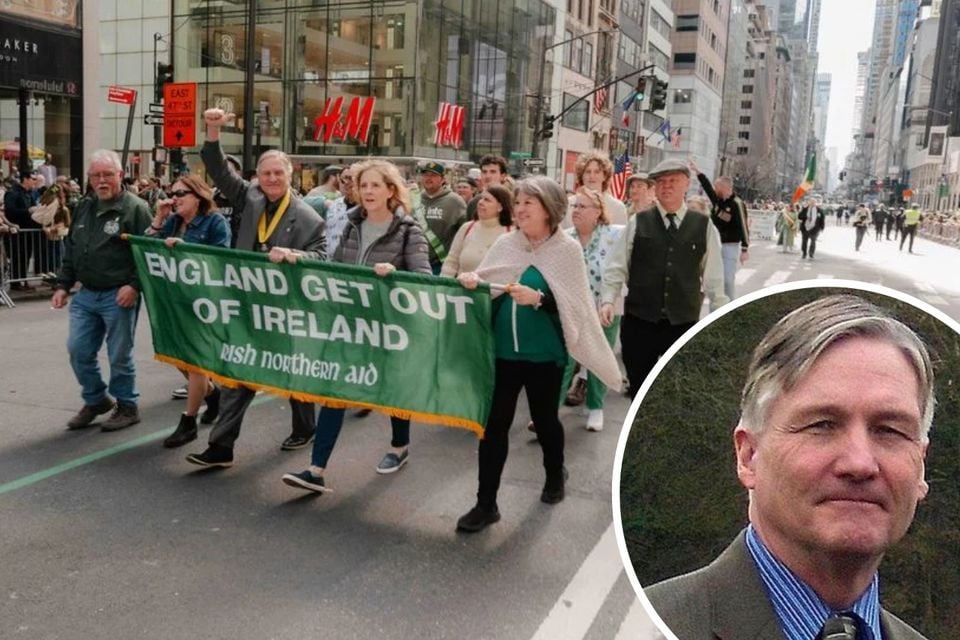 Martin Galvin (arm raised and in inset) takes part in a St Patrick's Day parade in the US. Main image: Faolan Carey