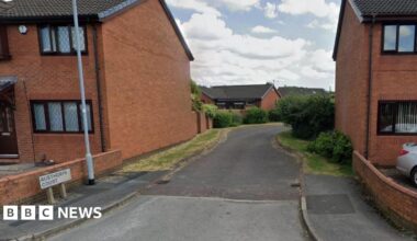 The entrance to a road of houses, with a sign at the side of the road saying Austhorpe Court