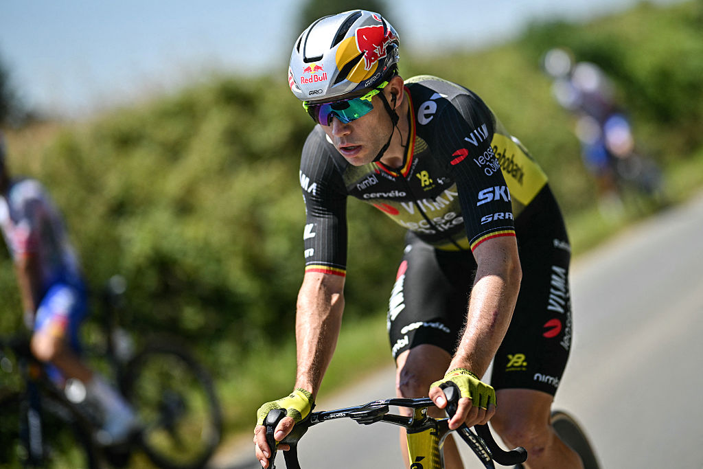 Team Visma - Lease a bike team's Belgian rider Wout van Aert during the 8th stage of the 112th edition of the Tour de France cycling race, 171.4 km between Saint-Meen-le-Grand and Laval Espace Mayenne, western France, on July 12, 2025. (Photo by Loic VENANCE / AFP) (Photo by LOIC VENANCE/AFP via Getty Images)