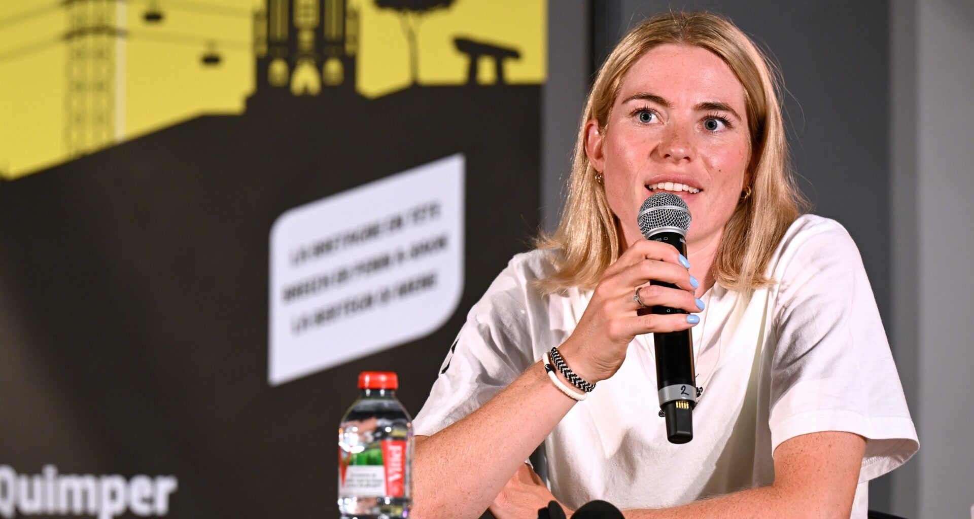 Demi Vollering during a press conference at the 2025 Tour de France Femmes avec Zwift