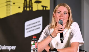 Demi Vollering during a press conference at the 2025 Tour de France Femmes avec Zwift