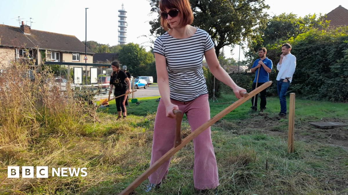 Four people are working together to scythe grass in Green Meadow. In the foreground, a woman dressed in pink trousers and a black-and-white striped T-shirt is using a garden tool. Behind her, two men are standing and another woman is also at work scattered across the partially-cleared meadow. Piles of cut grass are visible on one side, while a  rows of houses frames the background.