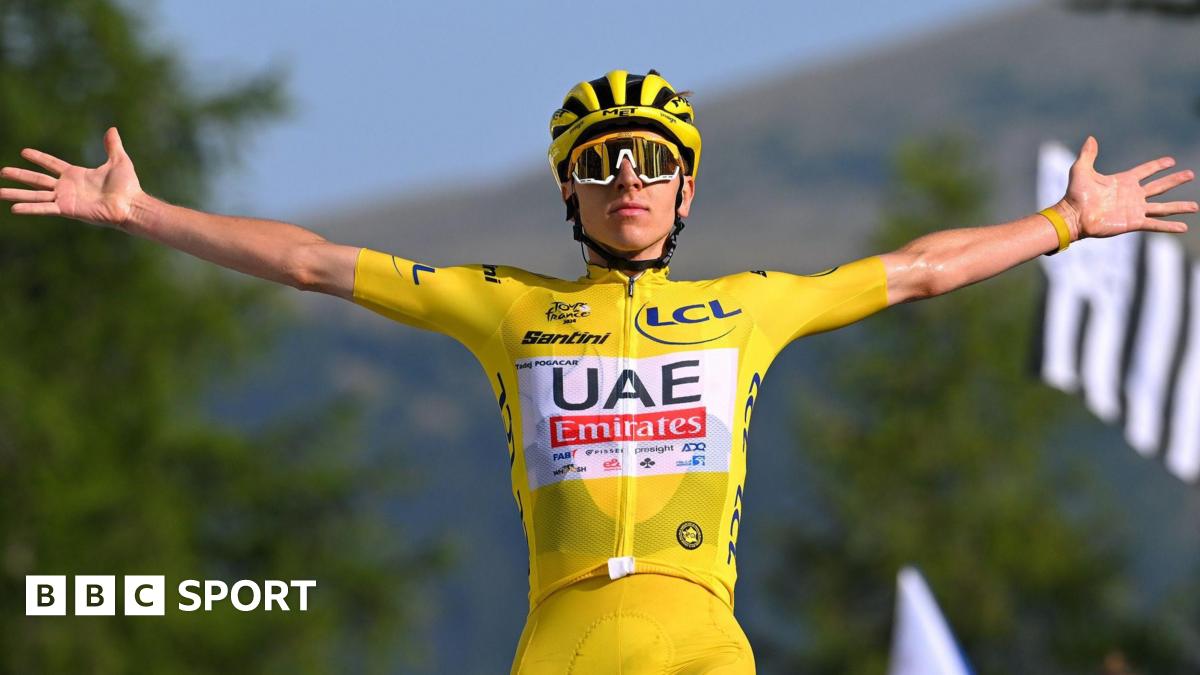 Tadej Pogacar celebrates winning a stage at the 2024 Tour de France