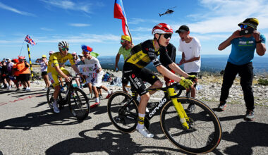 ONT VENTOUX, FRANCE - JULY 22: (L-R) Tadej Pogacar of Slovenia and UAE Team Emirates - XRG - Yellow leader jersey and Jonas Vingegaard of Denmark and Team Visma