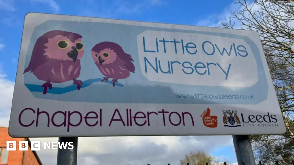 A Little Owls Nursery sign. Two cartoon owls are illustrated alongside the title, with 'Chapel Allerton' written underneath. A Leeds City Council logo can be seen on the far left, at the bottom of the sign.