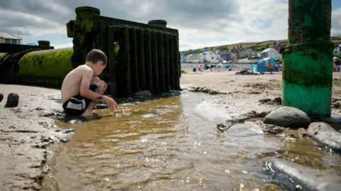 Getty Images A boy in his shorts crouches in a stream of water on a beach next to a large mossy pipe with a grill on the end. In the distance a beach tent can be seen with people on the sand. 
