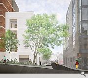 A smaller scale setback block frames the lane entrance from Great George Street