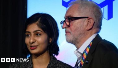 Zarah Sultana speaks with former Labour Party leader Jeremy Corbyn after addressing an audience at a fringe event for political festival The World Transformed.