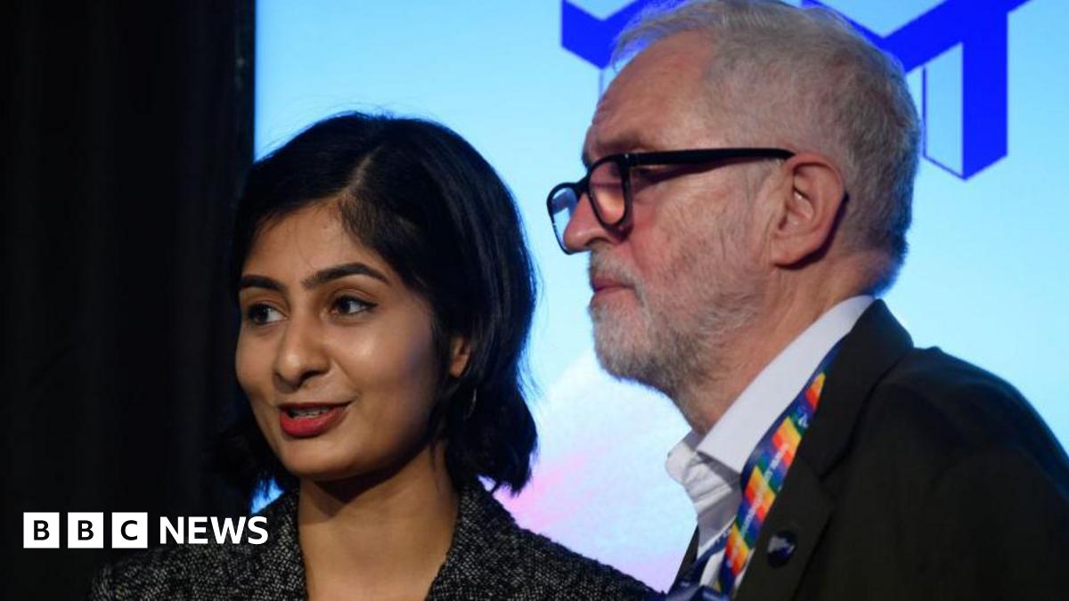 Zarah Sultana speaks with former Labour Party leader Jeremy Corbyn after addressing an audience at a fringe event for political festival The World Transformed.