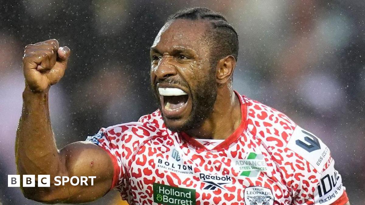 Edwin Ipape celebrates his try for Leigh against Wigan