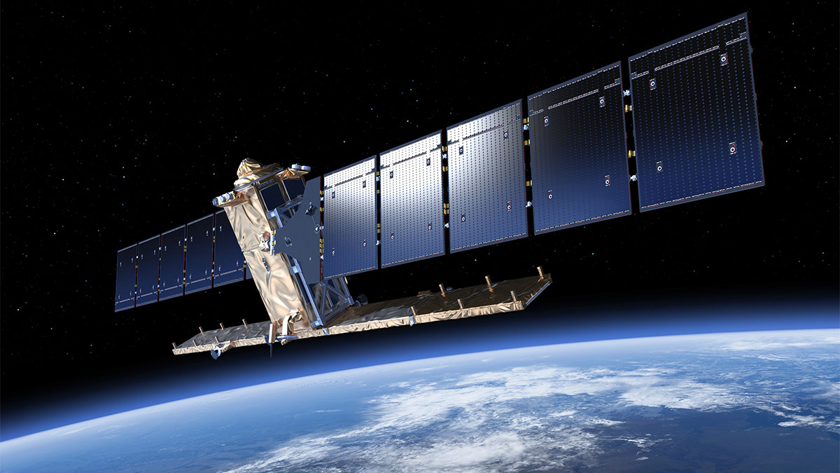 illustration of a boxy satellite with large solar arrays above earth
