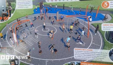 A design for the bowling green plans a circular concrete area covering a large part of the grassland. There is a range of orange metal gym equipment. It is called Elvet Park fitness and has written detail about chest press, cardio touch screen and magnetic bells power at the facility.