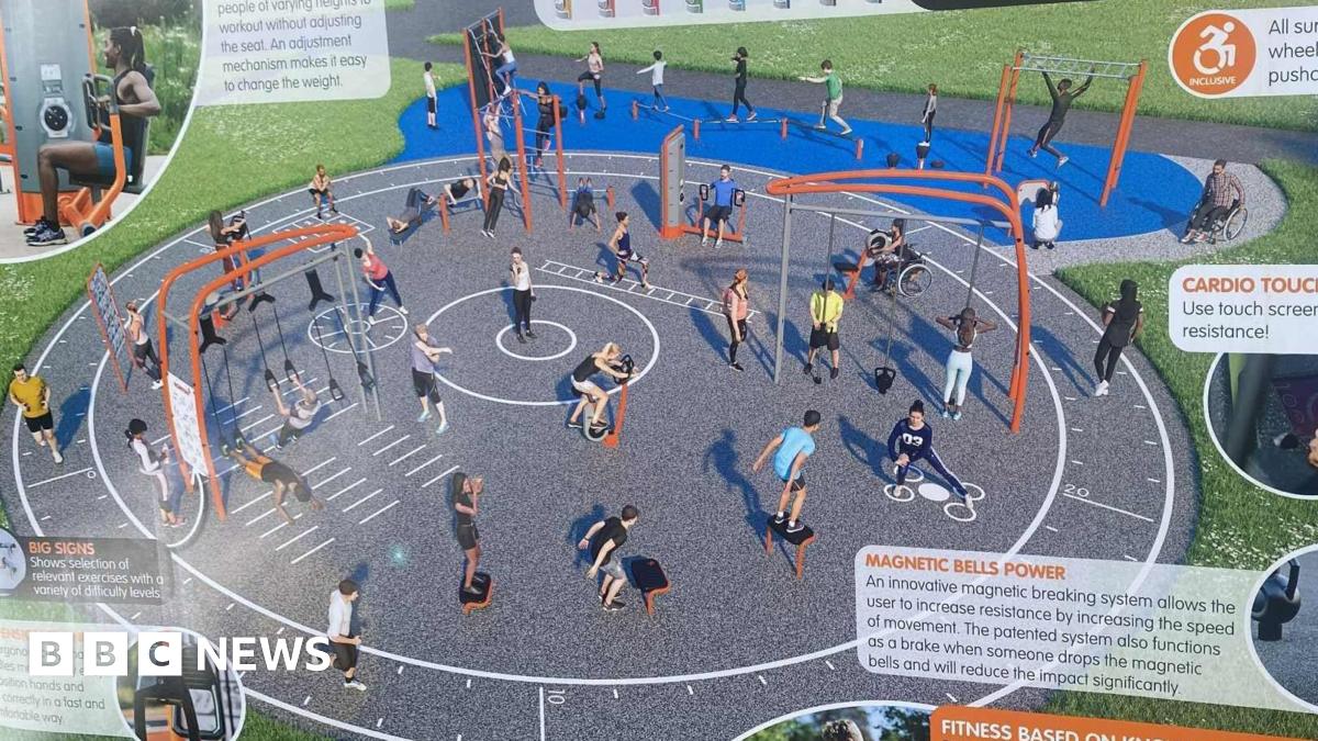 A design for the bowling green plans a circular concrete area covering a large part of the grassland. There is a range of orange metal gym equipment. It is called Elvet Park fitness and has written detail about chest press, cardio touch screen and magnetic bells power at the facility.