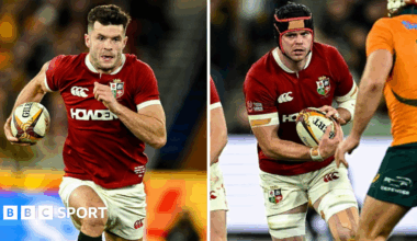 Blair Kinghorn runs past an Australia player