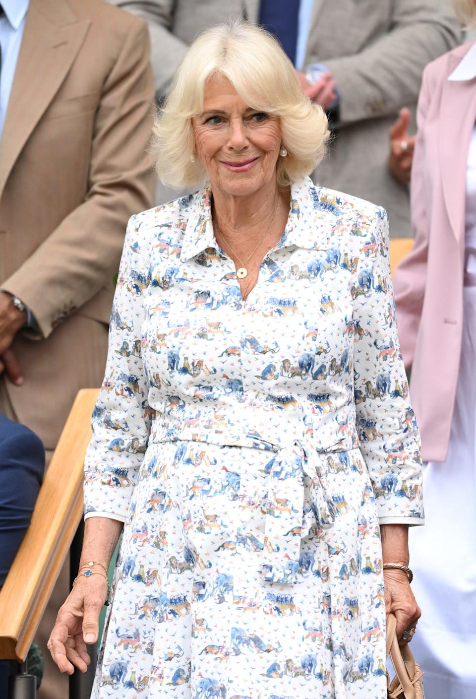 london, england july 09: queen camilla attends day ten of the wimbledon tennis championships at the all england lawn tennis and croquet club on july 09, 2025 in london, england. (photo by karwai tang/wireimage)