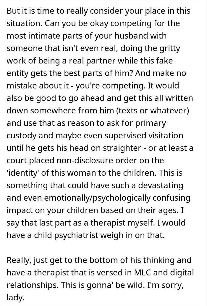 Text discussing a woman questioning marriage after her husband falls in love with an AI girlfriend and related custody concerns.