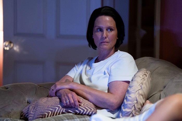 Heather Peace as Eve Panesar-Unwin looking worried in EastEnders