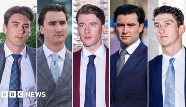 Composite photo of the five men arriving at court on Thursday