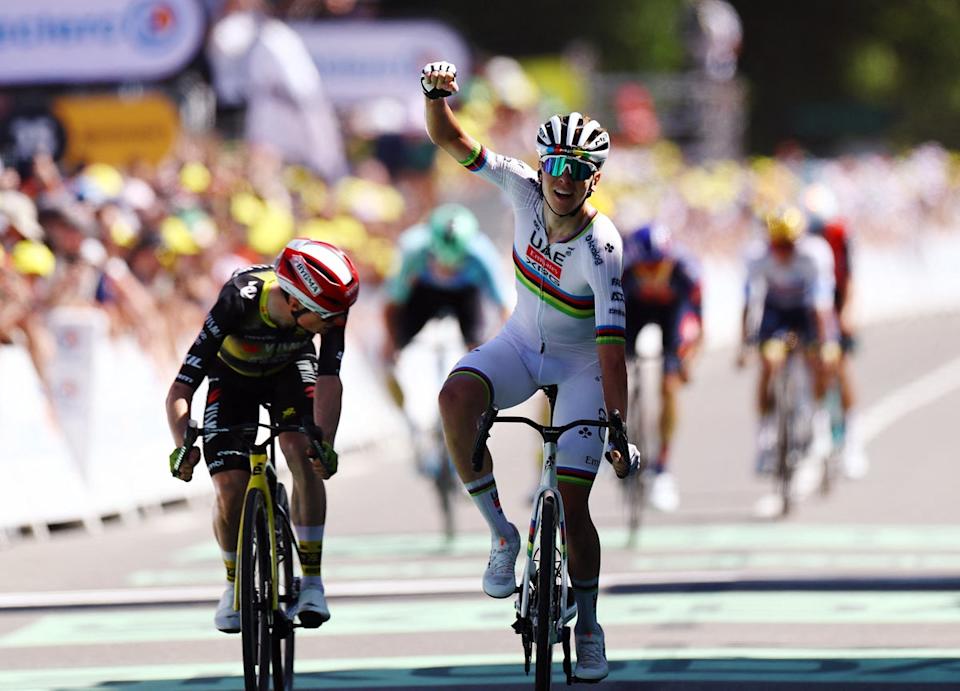 Pogacar outsprinted Vingegaard to win stage seven (REUTERS)