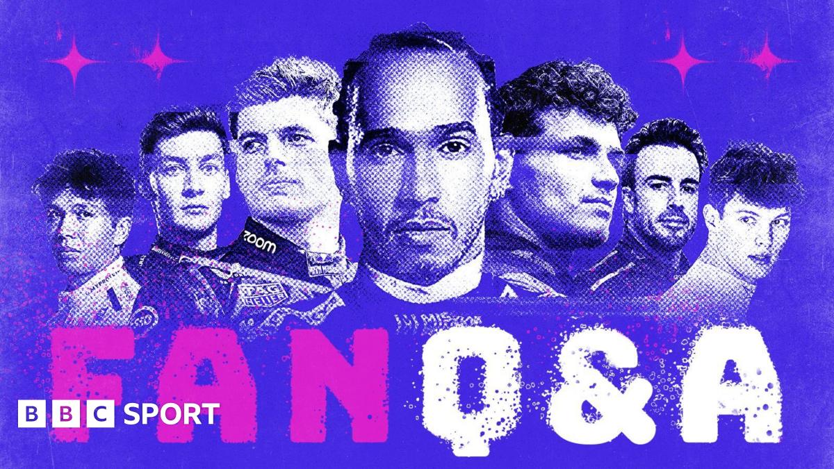 Graphic image of, from left to right, Alex Albon, George Russell, Max Verstappen, Lewis Hamilton, Lando Norris, Fernando Alonso and Oliver Bearman. It is on a blue background with 'Fan Q&A' below the drivers