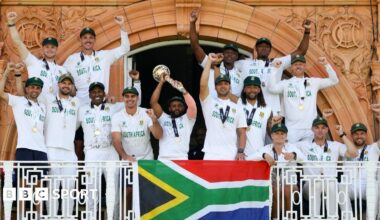 South Africa players celebrate with the World Test Championship mace on Lord's balcony