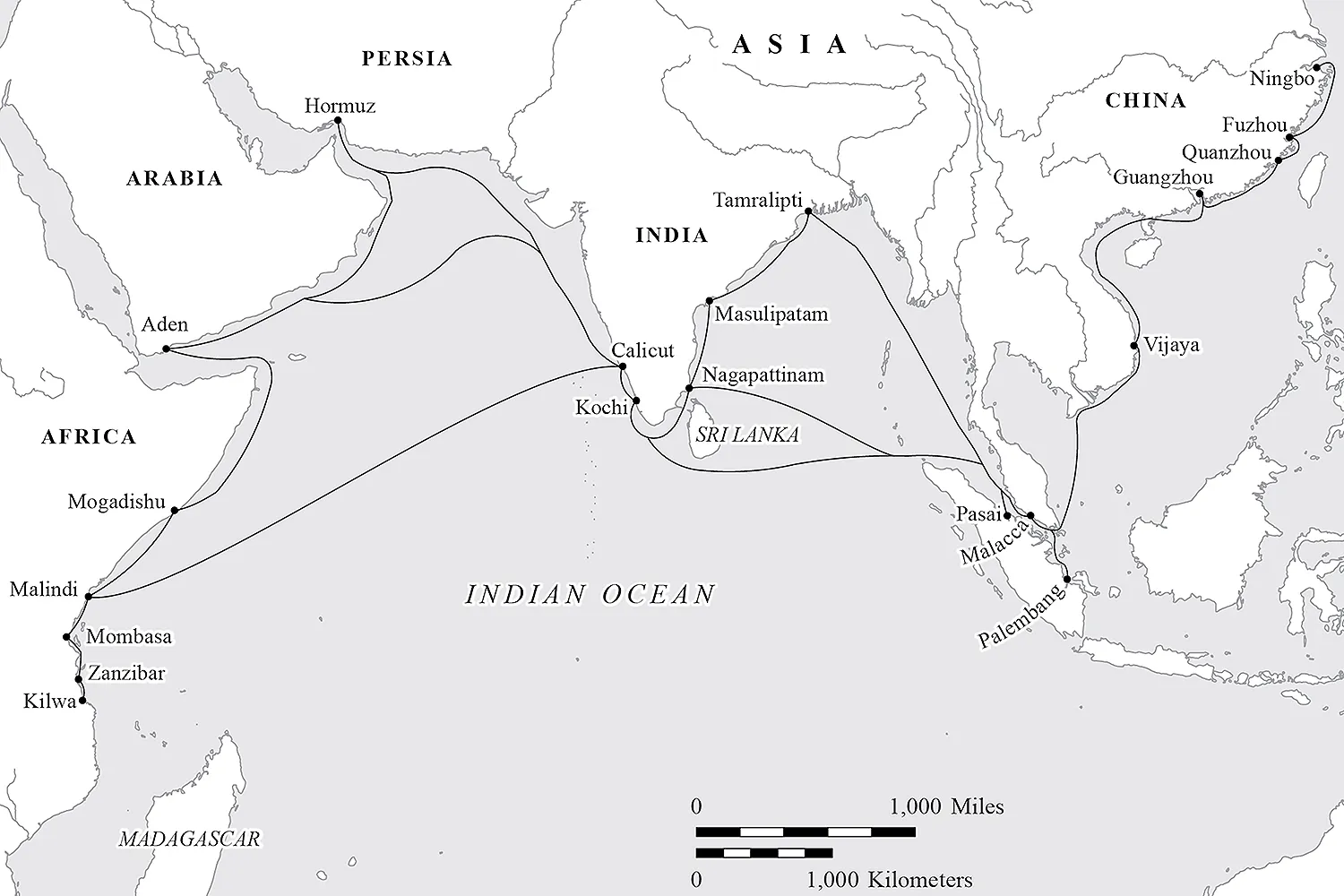 A black-and-white map of a trade network.