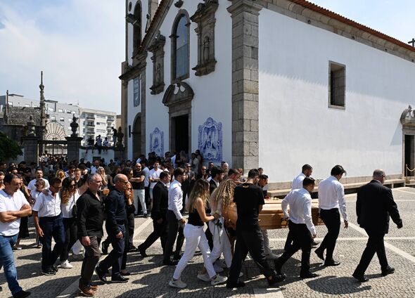 Diogo Jota's wife Rute Cardoso walks with the coffin after the funeral of Diogo Jota and Andre Silva being held at Igreja Matriz