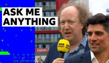 Andy Zaltzman holding BBC Sport microphone, alongside Sir Alistair Cook