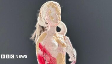 Undated handout photo issued by artist Daniela Raytchev and Darwin200 of a sculpture inspired by Mattel's Dr Jane Goodall Barbie doll, called "All of Me", made entirely from recycled ocean plastic collected by Darwin200's team along the coastlines of Brazil and Uruguay