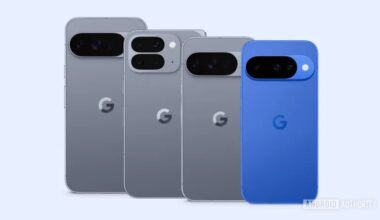A leaked image of the entire Pixel 10 series (in moonstone and indigo), as leaked via a Play Store discovery.