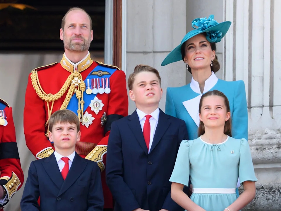 LONDON, ENGLAND - JUNE 14: Prince Louis of Wales, Prince William, Prince of Wales, Prince George of Wales, Catherine, Princess of Wales and Princess Charlotte of Wales on the balcony at Buckingham Palace during Trooping The Colour 2025 on June 14, 2025 in London, England. Trooping The Colour is a ceremonial parade celebrating the official birthday of the British Monarch. The event features over 1,400 soldiers and officers, accompanied by 200 horses. More than 400 musicians from ten different bands and Corps of Drums march and while performing. (Photo by Karwai Tang/WireImage)

