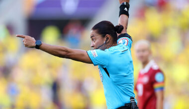 Referee Edina Alves gestures during the UEFA Women's EURO 2025 Group C match between Denmark and Sweden at Stade de Geneve on July 04, 2025 in Geneva, Switzerland.