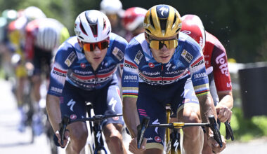 (From left) Soudal Quick-Step's Belgian rider Ilan Van Wilder, Soudal Quick-Step's Belgian rider Remco Evenepoel and Lotto Cycling Team's Belgian rider Jenno Berckmoes compete in the Men's Elite road race of the Belgian Cycling Championships, 230km from and to the Grand Place square in Binche, on June 29, 2025. (Photo by Nico VEREECKEN / Belga / AFP) / Belgium OUT (Photo by NICO VEREECKEN/Belga/AFP via Getty Images)