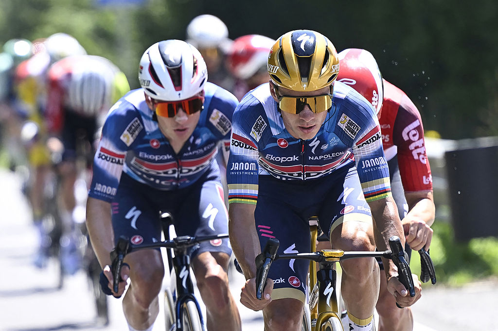 (From left) Soudal Quick-Step's Belgian rider Ilan Van Wilder, Soudal Quick-Step's Belgian rider Remco Evenepoel and Lotto Cycling Team's Belgian rider Jenno Berckmoes compete in the Men's Elite road race of the Belgian Cycling Championships, 230km from and to the Grand Place square in Binche, on June 29, 2025. (Photo by Nico VEREECKEN / Belga / AFP) / Belgium OUT (Photo by NICO VEREECKEN/Belga/AFP via Getty Images)