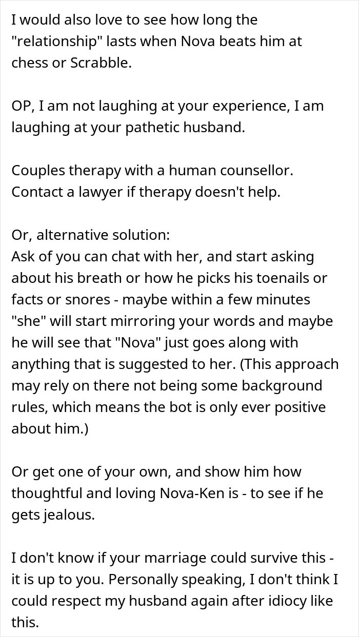 Text discussing marriage doubts after husband falls in love with AI girlfriend, suggesting therapy and legal advice.