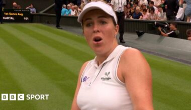 A shot from Sonay Kartal lands out as Anastasia Pavlyuchenkova is about to hit it