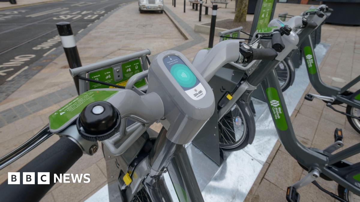A bike hire rack in a town centre