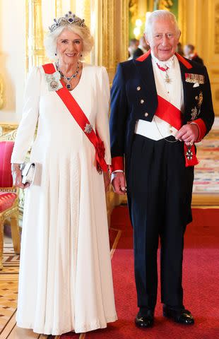Chris Jackson/Getty Queen Camilla and King Charles attend the State Banquet at Windsor Castle on July 08, 2025 in Windsor, England.