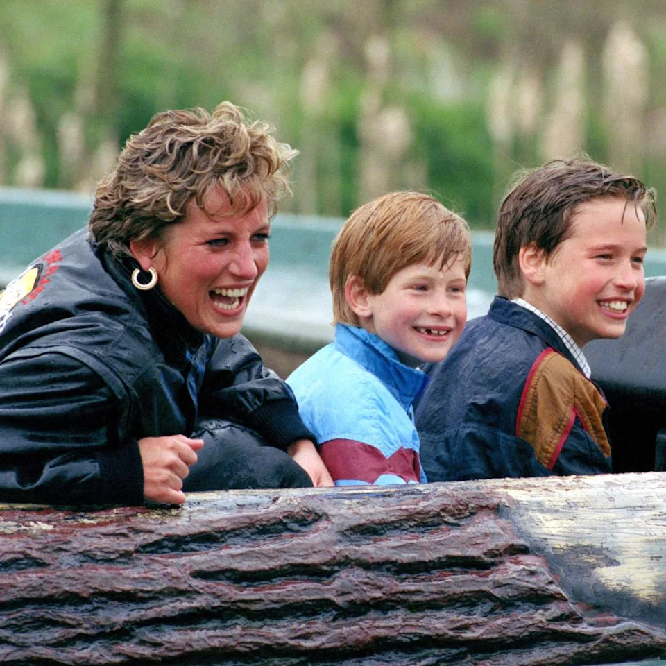  Princess Diana, Prince Harry and Prince William laughing in a log flume. 