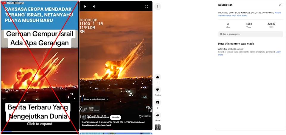 <span>Screenshot comparison of the false post (left) and YouTube video labelled as made with AI</span>