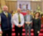 Farmers’ Choir President, Thoburn McCaughey, Musical Director, Barkley Thompson with Minister Muir and Nicola Weir at the Rural Support Service in June.