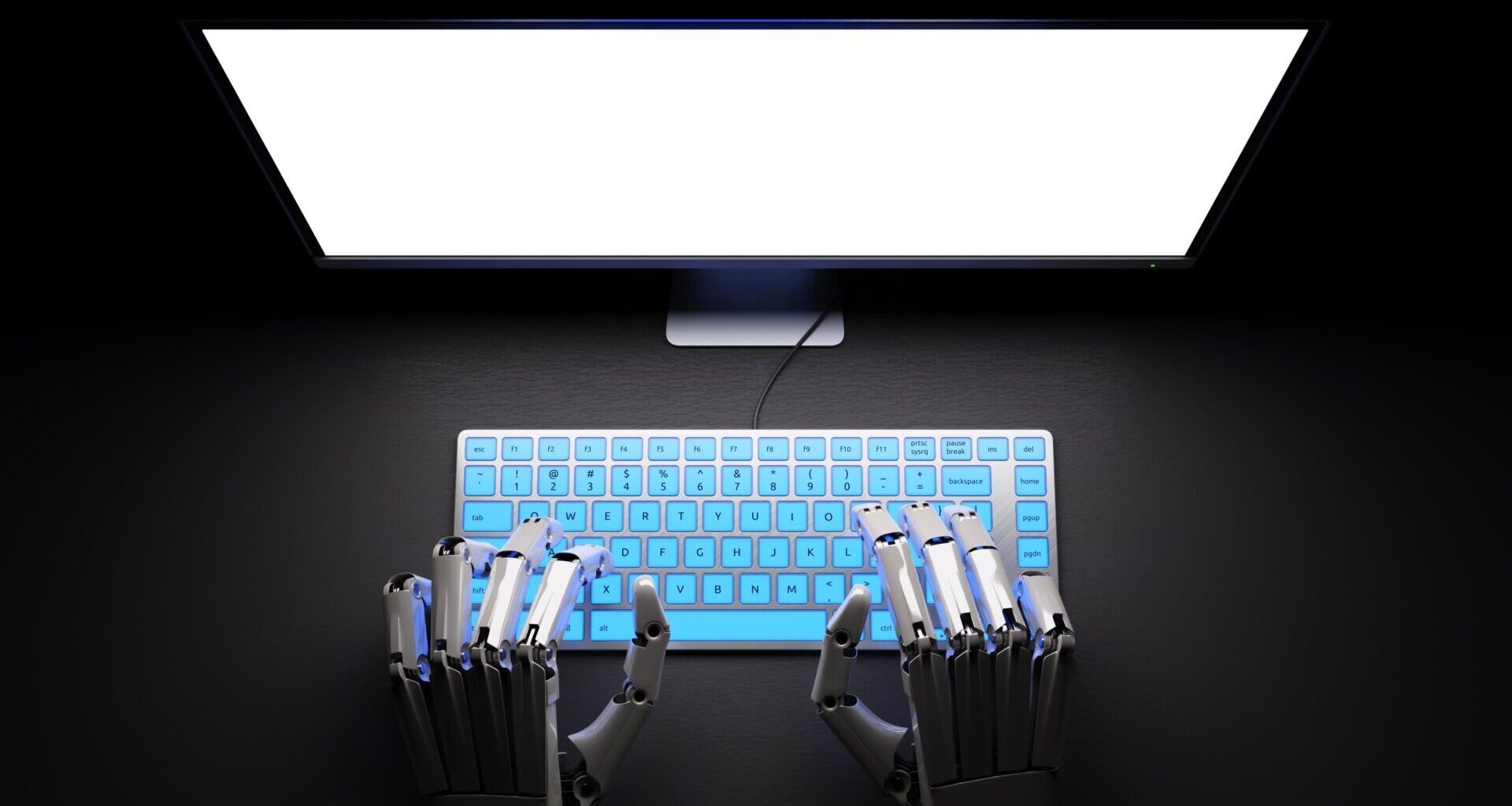 Robotic hands are seen typing on a keyboard.